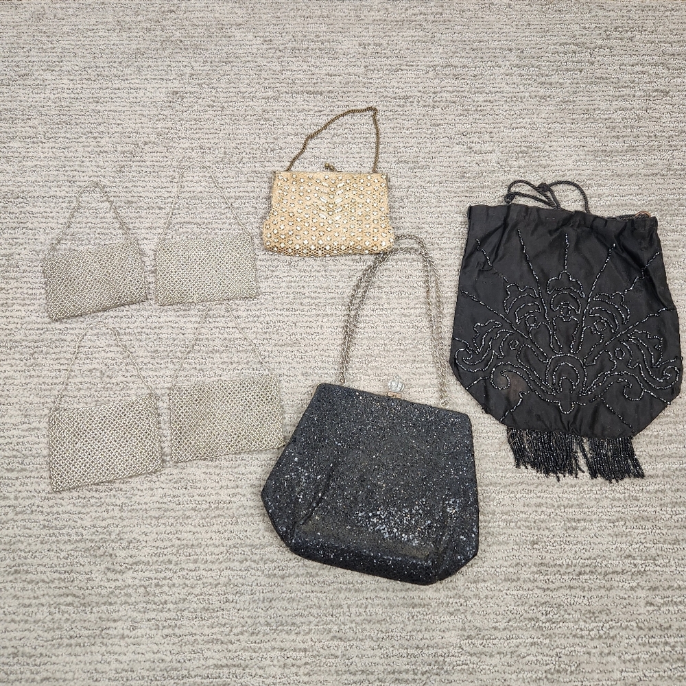 Vintage Antique Beaded Purses Lot Of 7 Coin Cinch Bag Roaring 20's Rhinestones